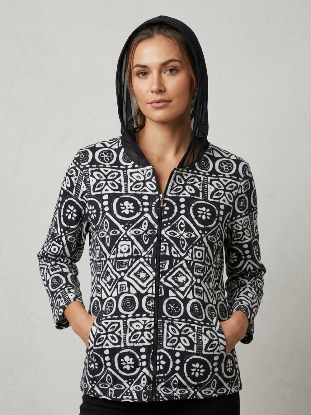 Onque Casuals Geometric Batik Print Full Zip Mesh Hooded Jacket Tunic Top